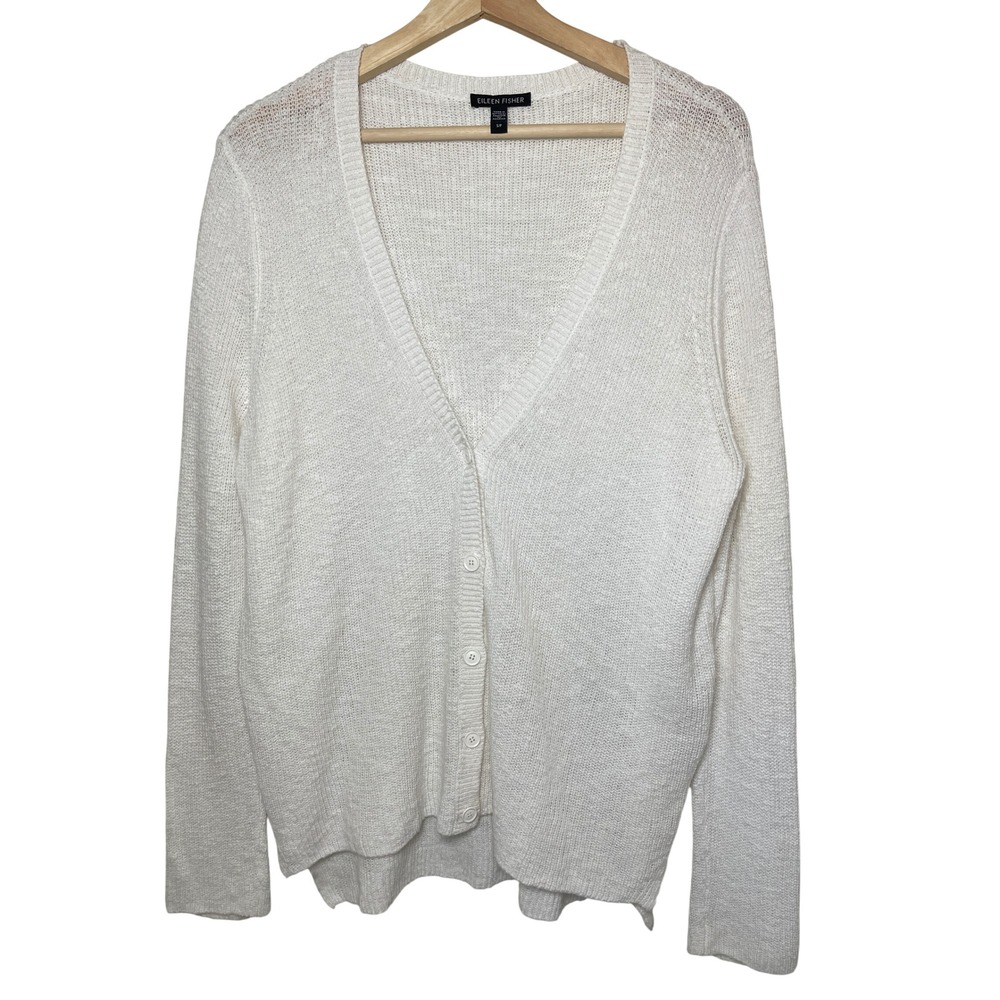 Eileen Fisher White Organic Cotton Linen V-Neck Cardigan Sweater S Coastal Lagen